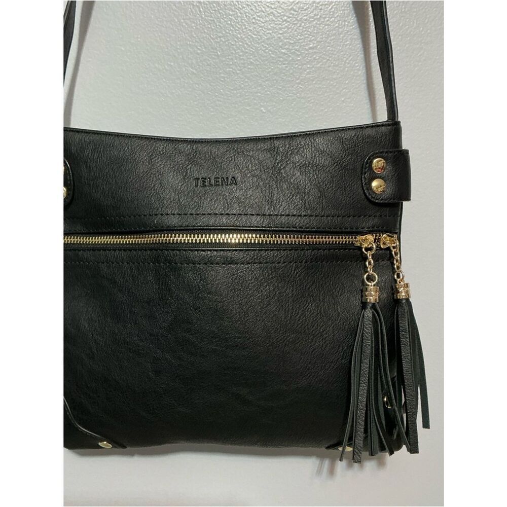 Telena Black Leather Crossbody Bag with Tassel Accents